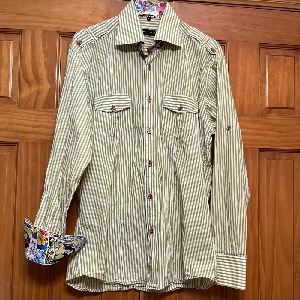 Jared Lang Green Striped Blouse Size Large